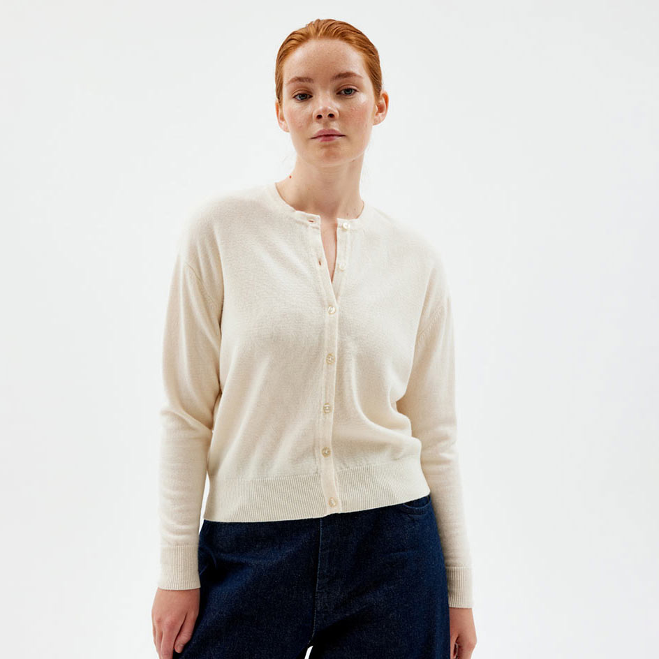 Tunn cardigan i ull, Ivory, hi-res